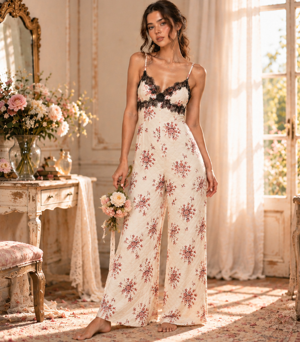 Morgan Lane Bambi Silk Floral Wide Leg Jumpsuit Black Lace Sz S Coquette Cottage